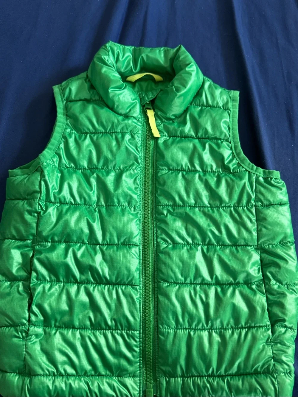 Primary Green Quilted Sleeveless Puffer Vest with Yellow Zip Pull